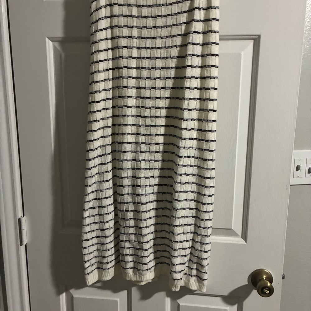 Striped Cream Maxi Skirt with Black Grid Lines